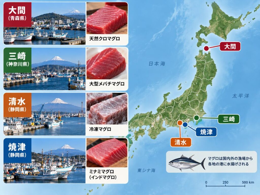 大間・三崎・清水・焼津の位置と、それぞれ天然クロマグロ・大型メバチ・冷凍マグロ・ミナミマグロとの関係を示した図