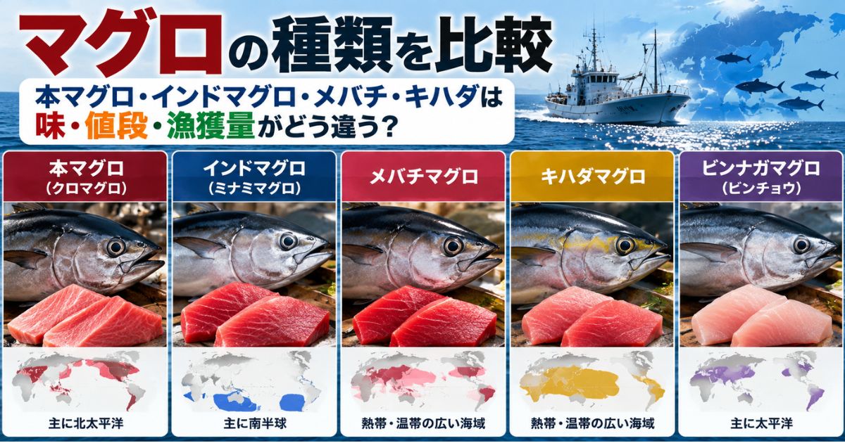 本マグロ・インドマグロ・メバチ・キハダ・ビンナガの味・値段・漁獲量の違いを比較したアイキャッチ画像