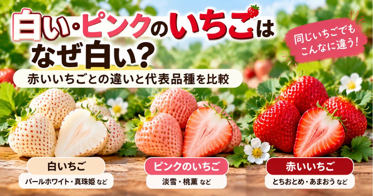 白いいちご・ピンクのいちごがなぜ白いのか、赤いいちごとの違いを紹介するアイキャッチ画像
