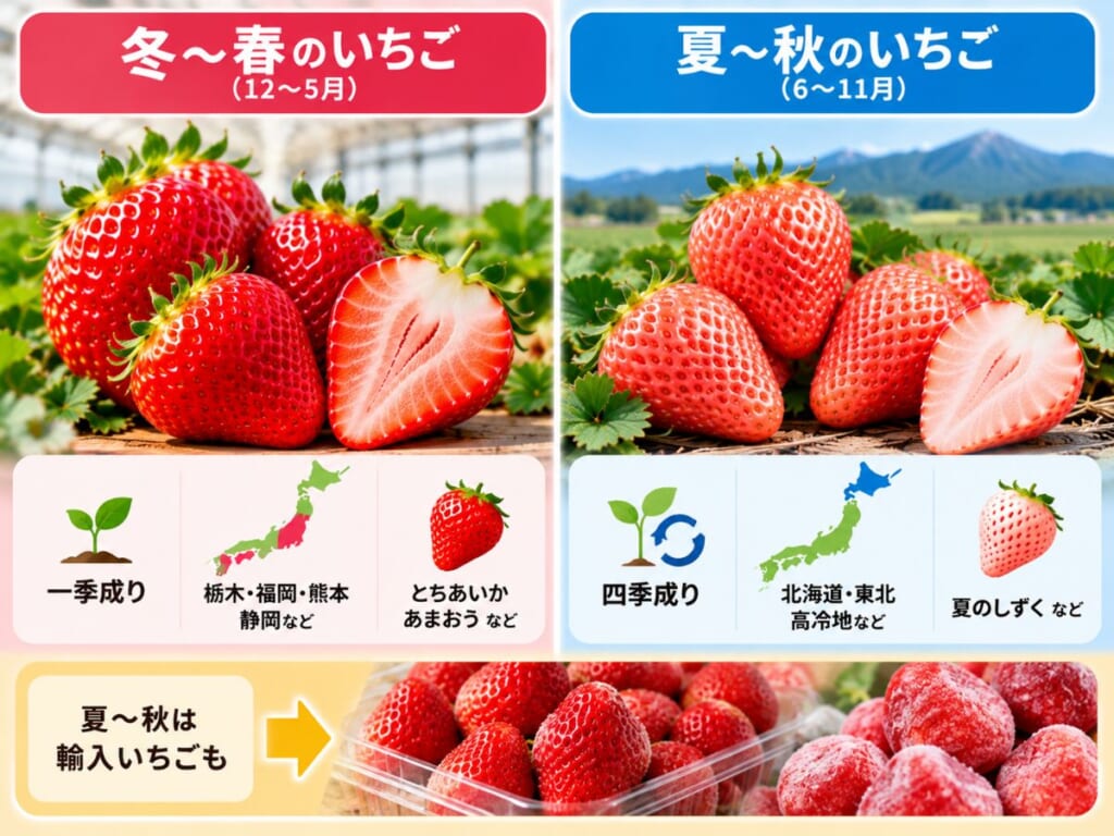 冬春の一季成りいちごと夏秋の四季成りいちご、輸入いちごの違いを比較した図