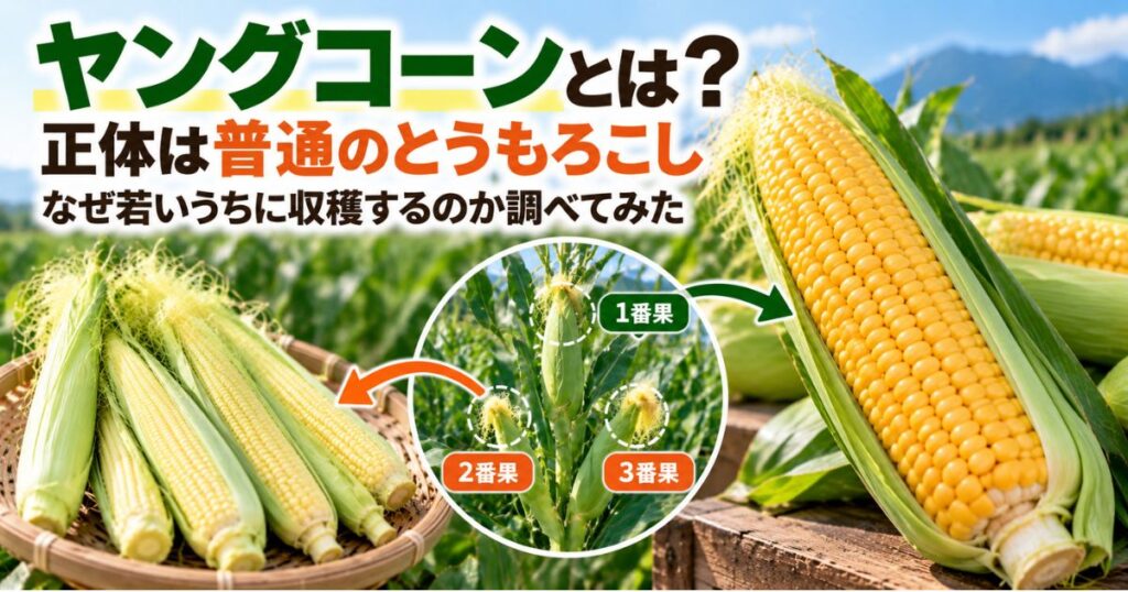 ヤングコーンが普通のとうもろこしの若い雌穂であることと、若いうちに収穫する理由を紹介するアイキャッチ画像