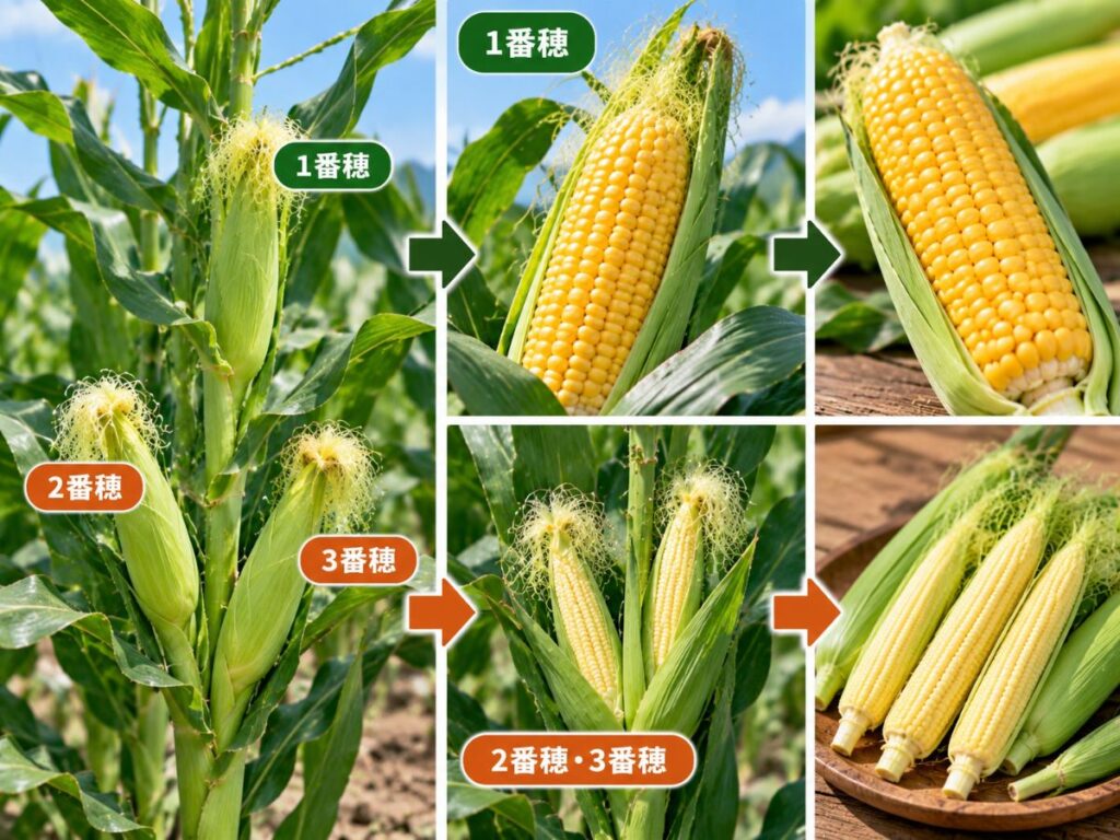 とうもろこし1株にできる1番穂を通常サイズまで育て、2番穂・3番穂を若いうちに収穫してヤングコーンにする流れ