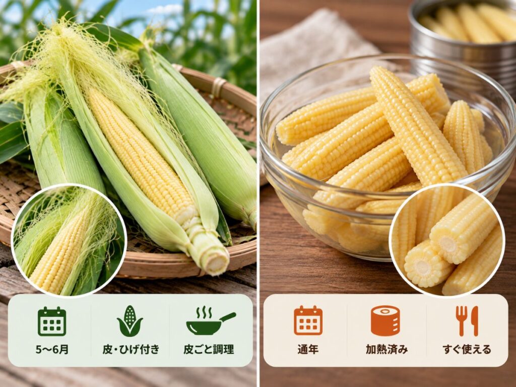 旬の皮付き生ヤングコーンと通年使える水煮ヤングコーンの違いを比較した図