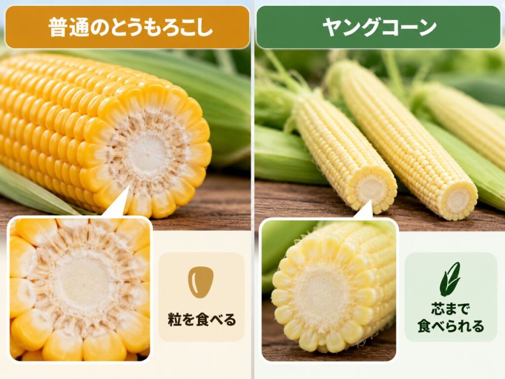 成熟したとうもろこしは粒を食べ、若いヤングコーンは芯まで丸ごと食べられる違いを比較した図