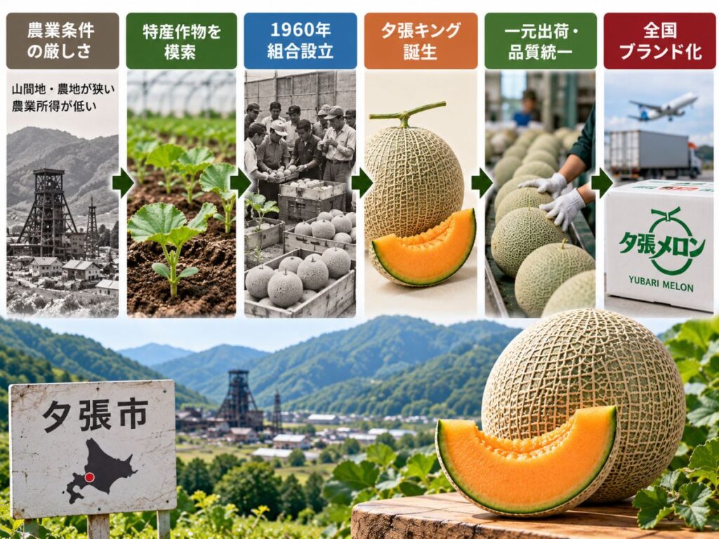 夕張の厳しい農業条件から夕張キング誕生、一元出荷と品質統一を経て全国ブランド化するまでの流れ