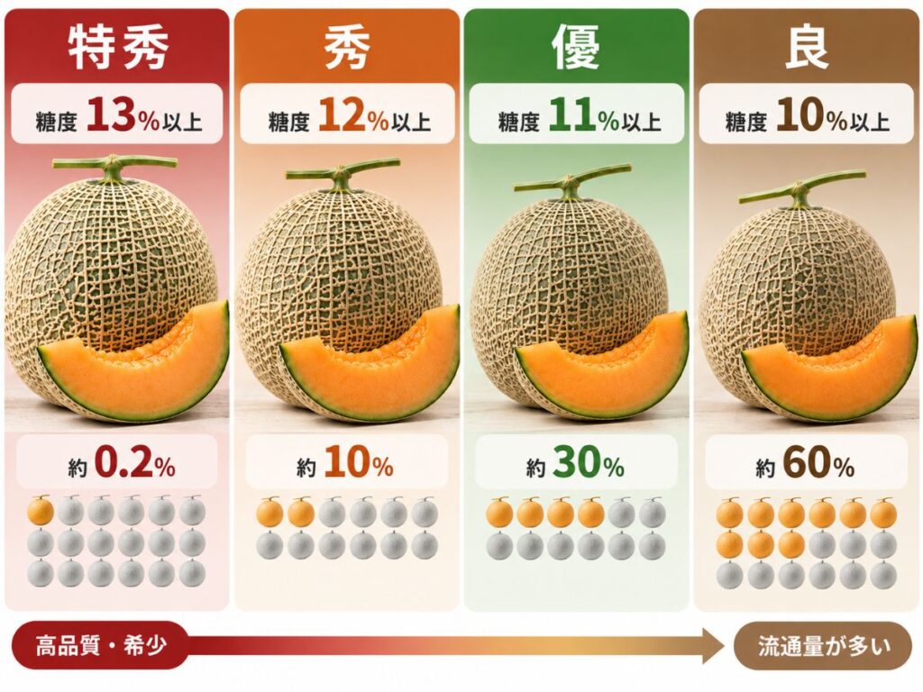夕張メロンの特秀・秀・優・良の4等級と糖度基準、特秀の希少性を比較した図