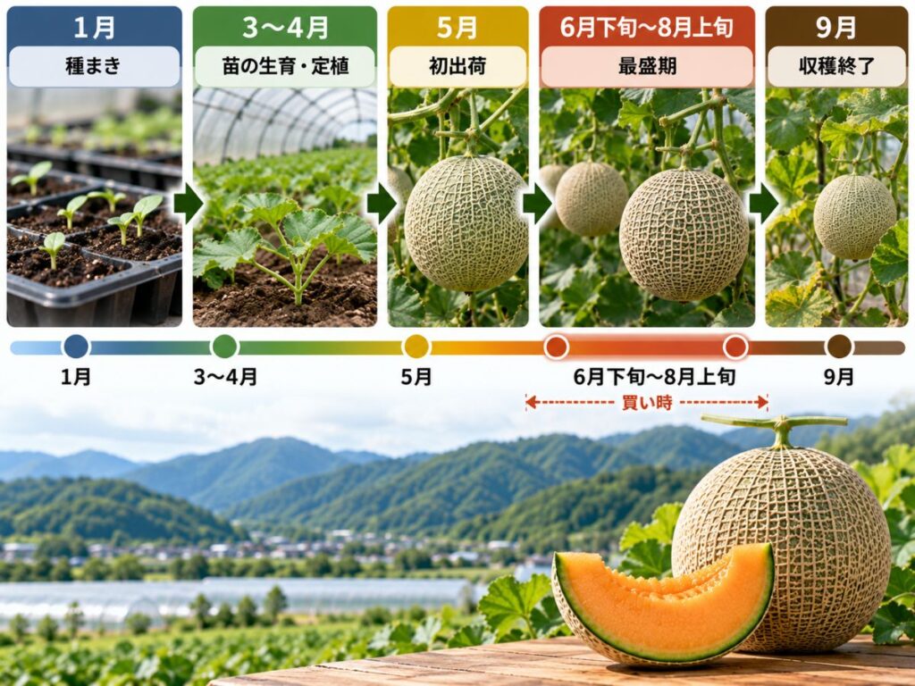 夕張メロンの1月の種まきから5月の初出荷、6月下旬から8月上旬の最盛期、9月の収穫終了までの流れ