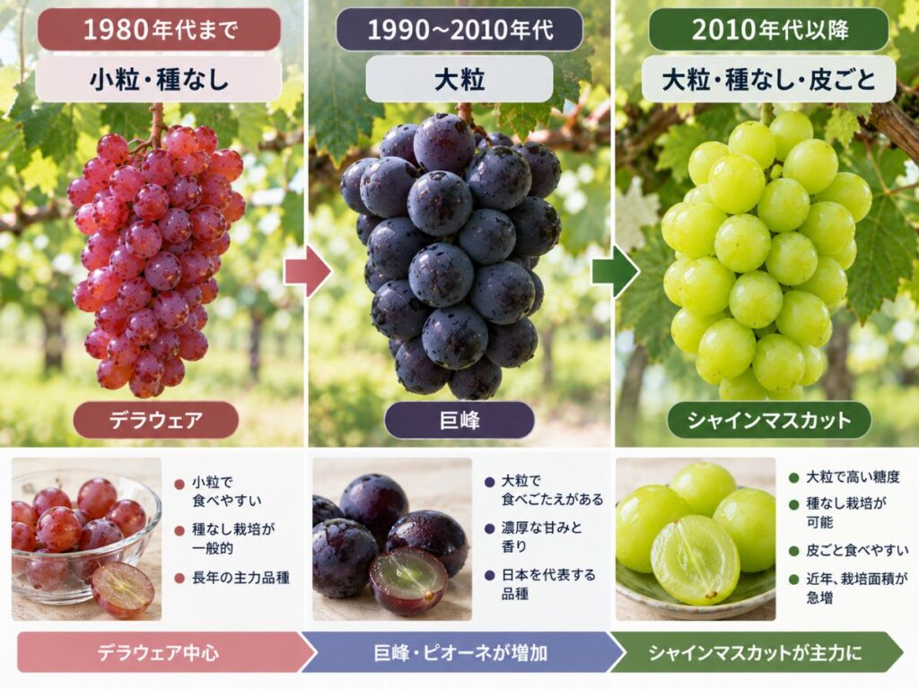 デラウェアから巨峰、シャインマスカットへと変化したぶどうの粒の大きさや食べやすさを比較した図