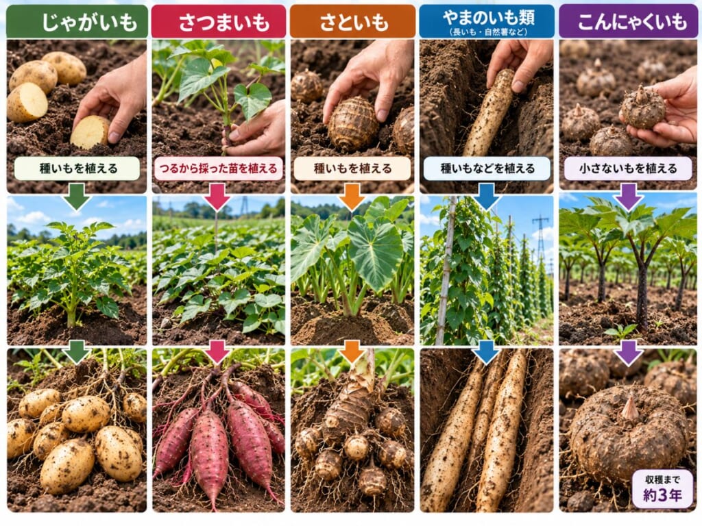 じゃがいも・さといも・やまのいも類・こんにゃくいもの種いもによる栽培と、さつまいものつる苗による栽培を、植え付けから収穫まで写真で比較した図