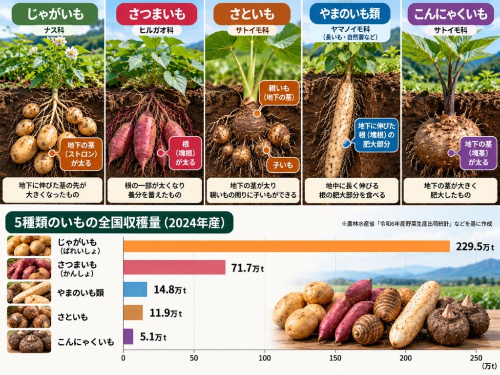 じゃがいも・さつまいも・さといも・やまのいも類・こんにゃくいもの地下構造と、2024年産の全国収穫量を比較した図