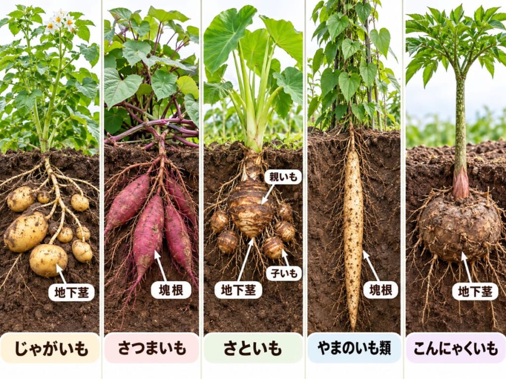 5種類のいもが地下で育つ様子を断面で示し、じゃがいもやさといもなどの地下茎と、さつまいもややまのいも類の肥大部分を比較した図
