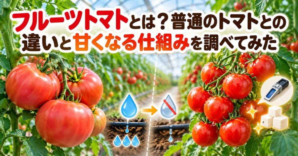 フルーツトマトと普通のトマトの違い、水分を抑えることで甘くなる仕組みを紹介するアイキャッチ画像