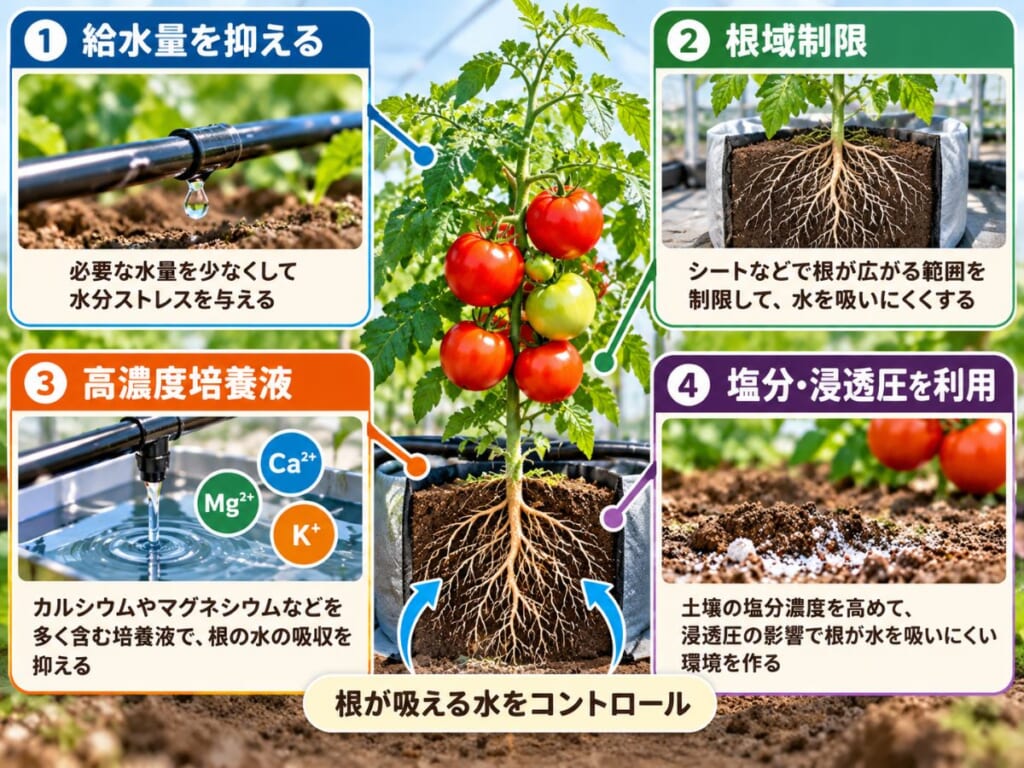 フルーツトマトを高糖度化する給水制限・根域制限・高濃度培養液・塩分と浸透圧の利用方法を示した図