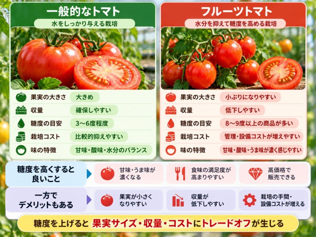 一般的なトマトとフルーツトマトで、果実サイズ・収量・糖度・栽培コストの違いを比較した図