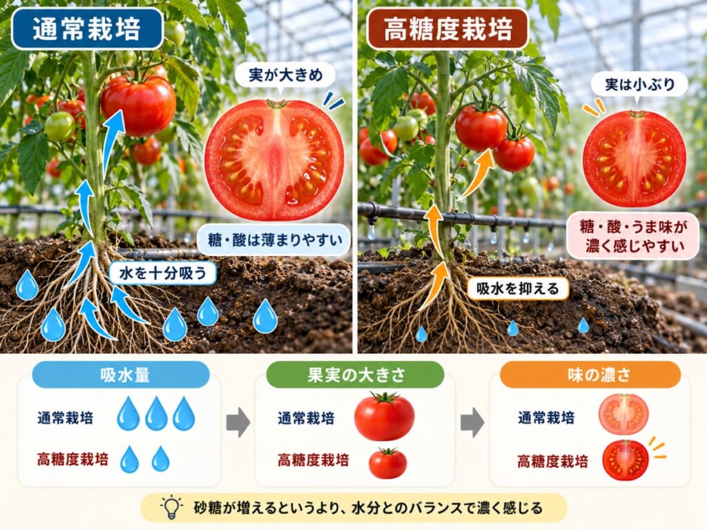 通常栽培と高糖度栽培で、吸水量・果実サイズ・糖や酸とうま味の濃さがどう変わるかを示した図