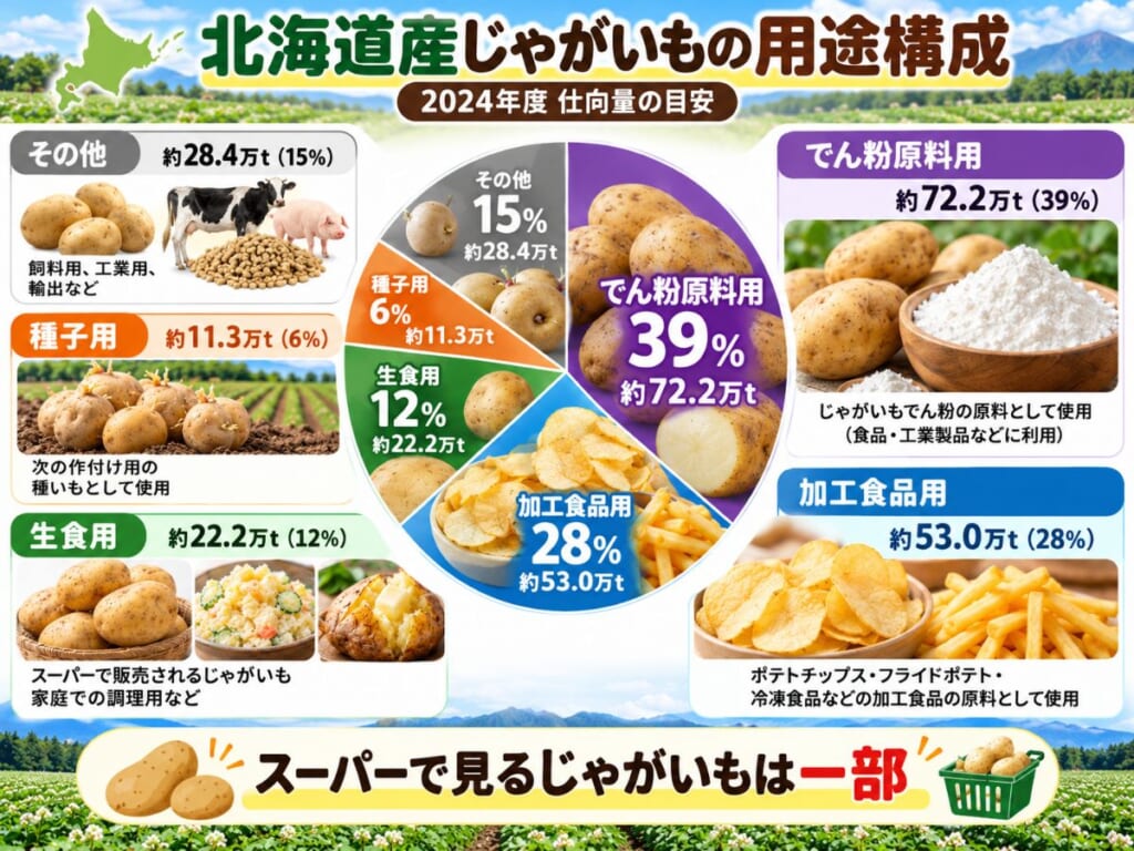 北海道産じゃがいもの2024年度の用途構成を、でん粉原料用・加工食品用・生食用・種子用・その他の割合で示した図