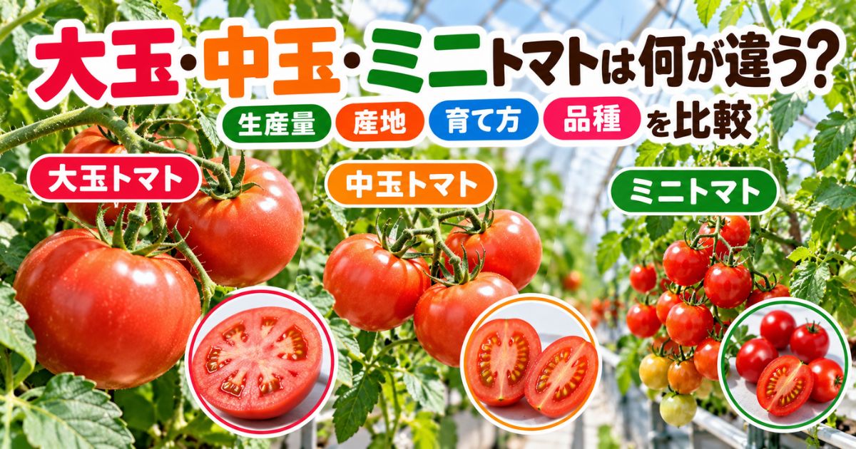 大玉・中玉・ミニトマトの大きさや品種、生産量、産地、育て方の違いを比較するアイキャッチ画像