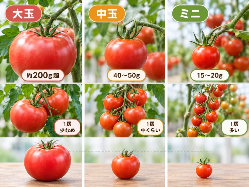 大玉・中玉・ミニトマトの大きさ、代表品種、1房の実の数、主な食べ方を比較した図