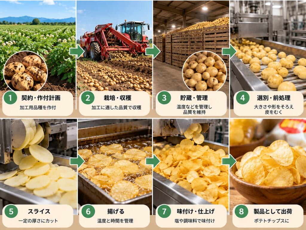 ポテトチップス用じゃがいもの契約・作付計画から栽培、収穫、貯蔵、選別、スライス、揚げ加工、出荷までの8工程を示した画像