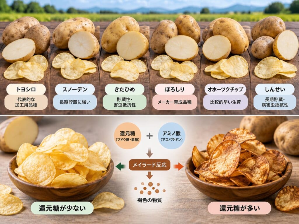 ポテトチップス用じゃがいもの6品種と、還元糖の量によって揚げ色が黄金色から褐色に変わる仕組みを比較した図