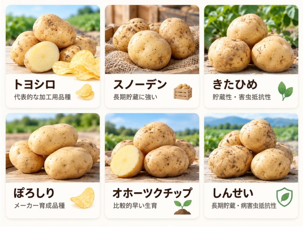 ポテトチップス用じゃがいもの代表6品種、トヨシロ・スノーデン・きたひめ・ぽろしり・オホーツクチップ・しんせいの特徴を比較した画像