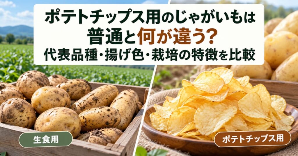 生食用じゃがいもとポテトチップスの写真を並べ、加工用品種と普通のじゃがいもの違いを紹介するアイキャッチ画像