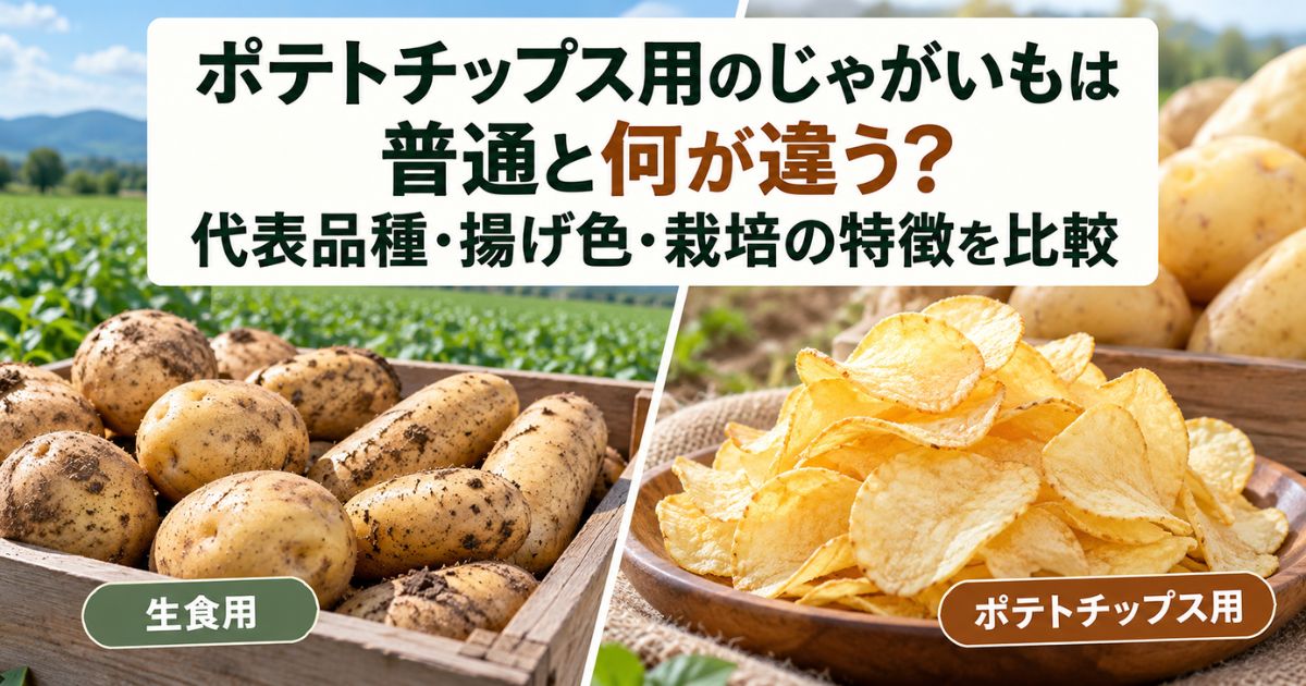 生食用じゃがいもとポテトチップスの写真を並べ、加工用品種と普通のじゃがいもの違いを紹介するアイキャッチ画像