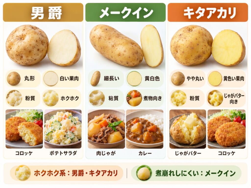 男爵・メークイン・キタアカリの形、果肉の色、肉質、食感、向いている料理を比較した図
