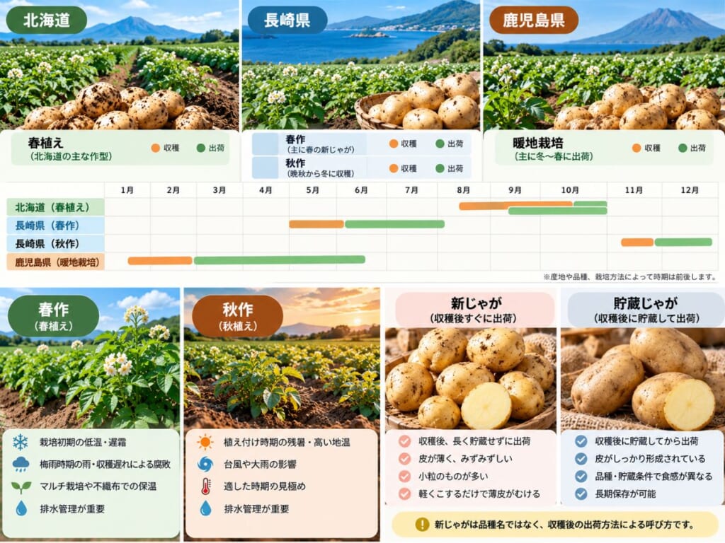 北海道・長崎・鹿児島のじゃがいもの収穫・出荷時期、春作と秋作の栽培管理、新じゃがと貯蔵じゃがの違いをまとめた図