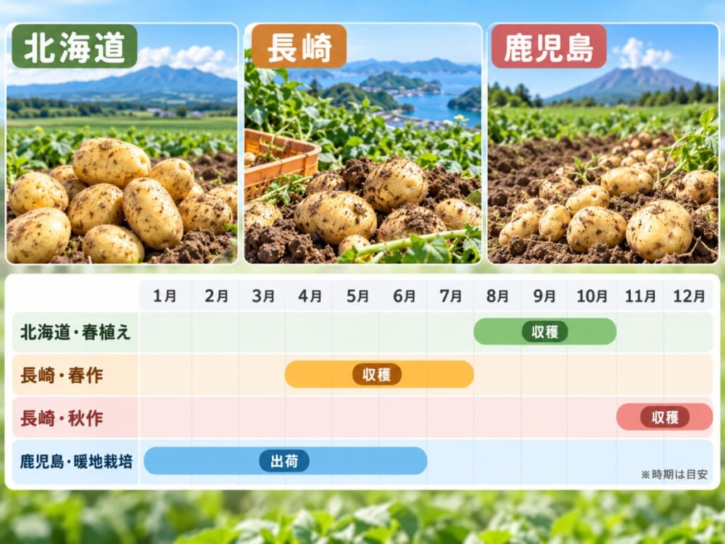 北海道の春植え、長崎の春作・秋作、鹿児島の暖地栽培について、じゃがいもの収穫・出荷時期を月別に比較した図