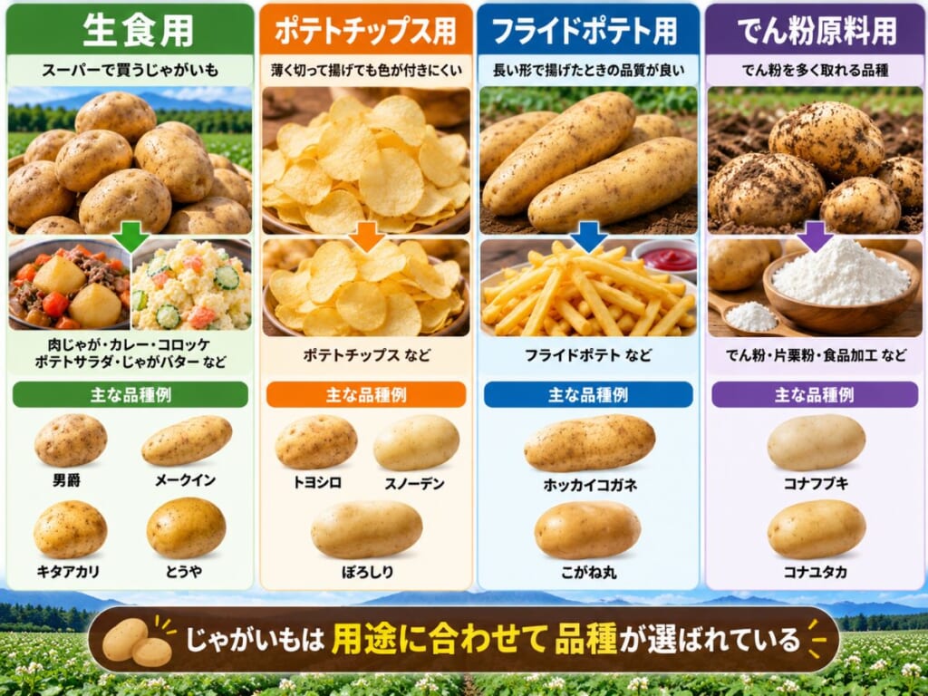 じゃがいもの生食用、ポテトチップス用、フライドポテト用、でん粉原料用の代表品種を用途別に比較した図
