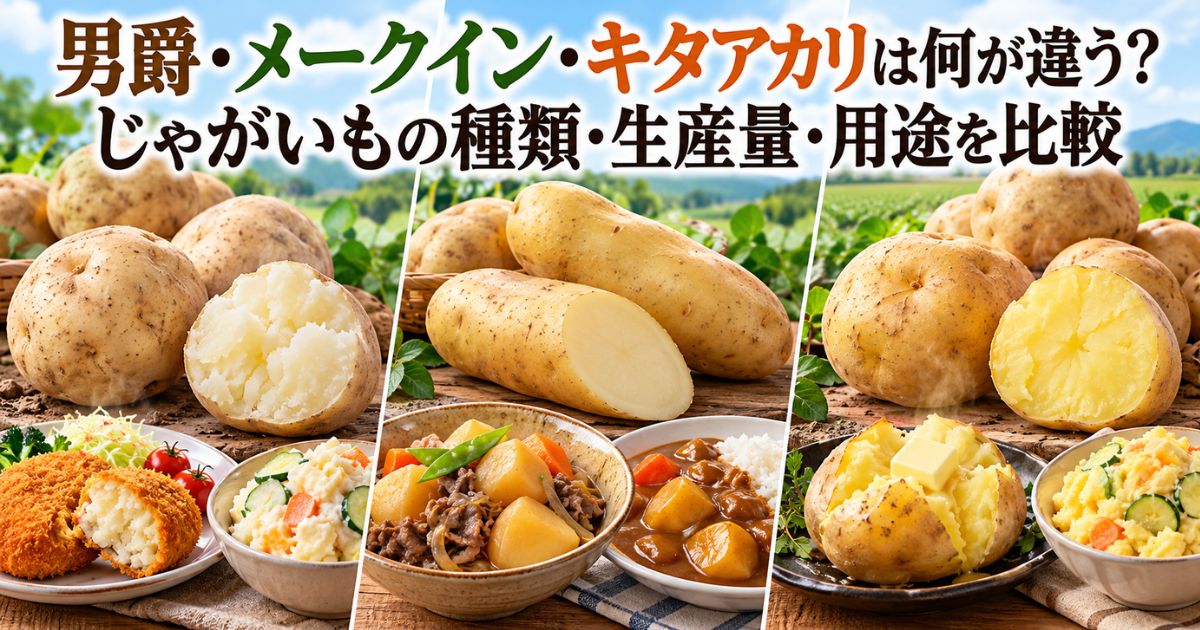 男爵・メークイン・キタアカリの違いとじゃがいもの種類、生産量、用途を比較するアイキャッチ画像