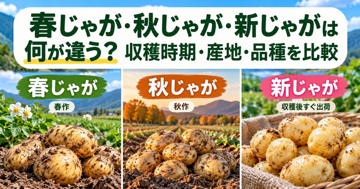春じゃが・秋じゃが・新じゃがの写真を並べ、栽培時期や収穫後の出荷方法の違いを紹介する画像