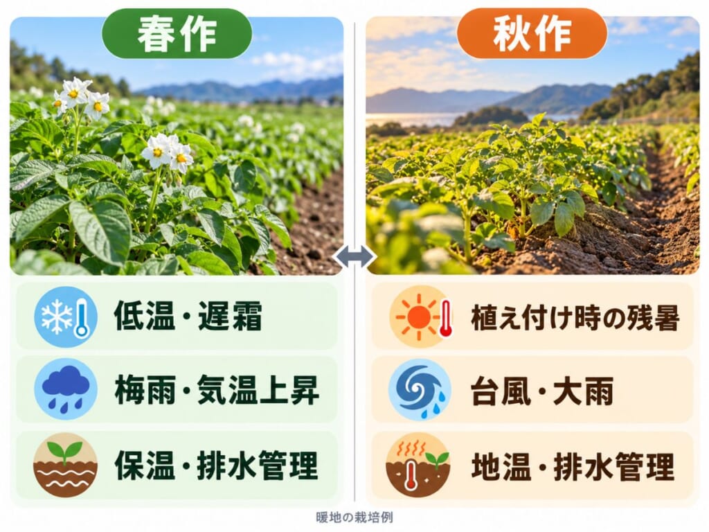 暖地におけるじゃがいもの春作と秋作の畑を比較し、低温・遅霜・梅雨・残暑・台風など季節別の栽培管理の違いを示した図