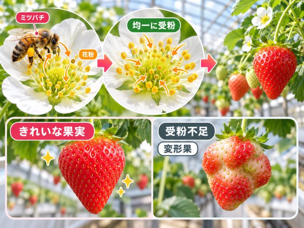 ミツバチがいちごの花粉を運び、均一に受粉すると形の整った果実になり、受粉不足では変形果ができる仕組みを示した図