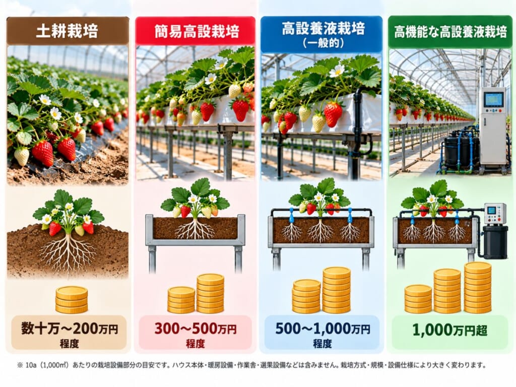 いちごの土耕・簡易高設・高設養液・高機能高設養液栽培の10a当たり設備費を比較した図