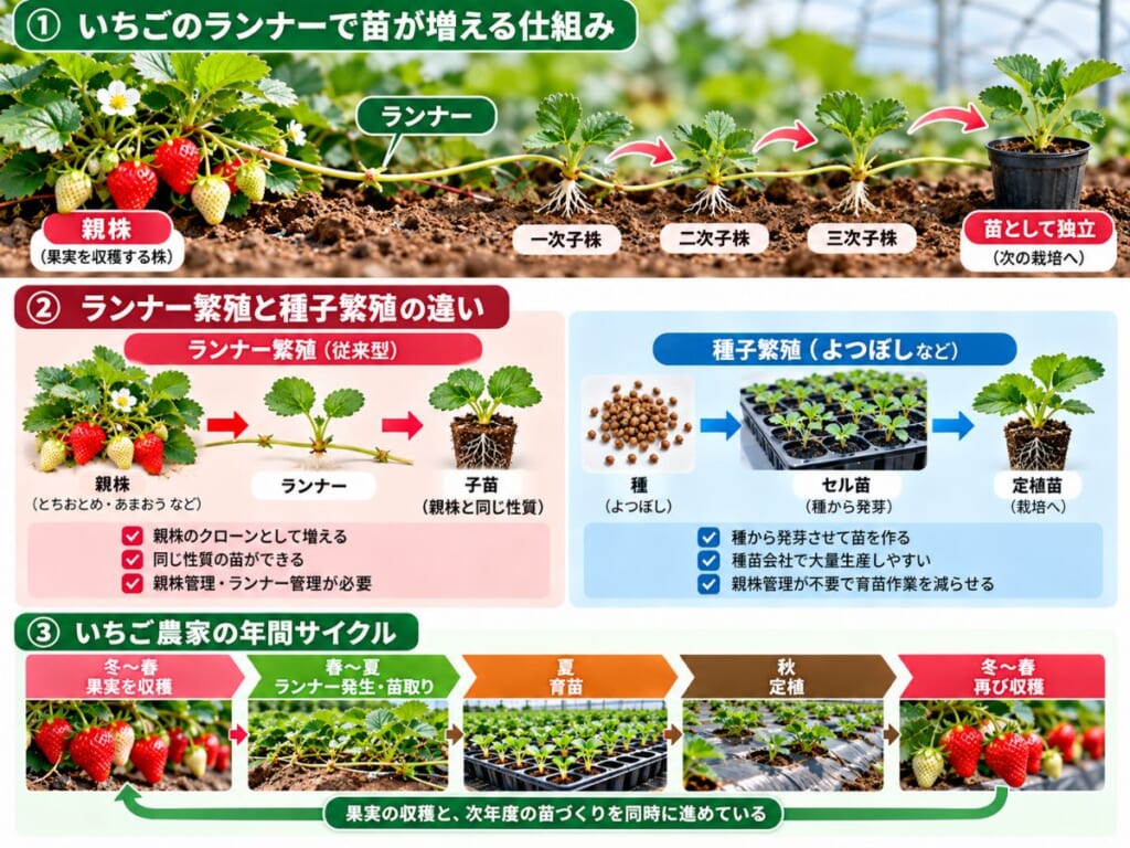 いちご農家が冬春の収穫、春夏のランナー苗取り、夏の育苗、秋の定植を繰り返す年間サイクルを示した図
