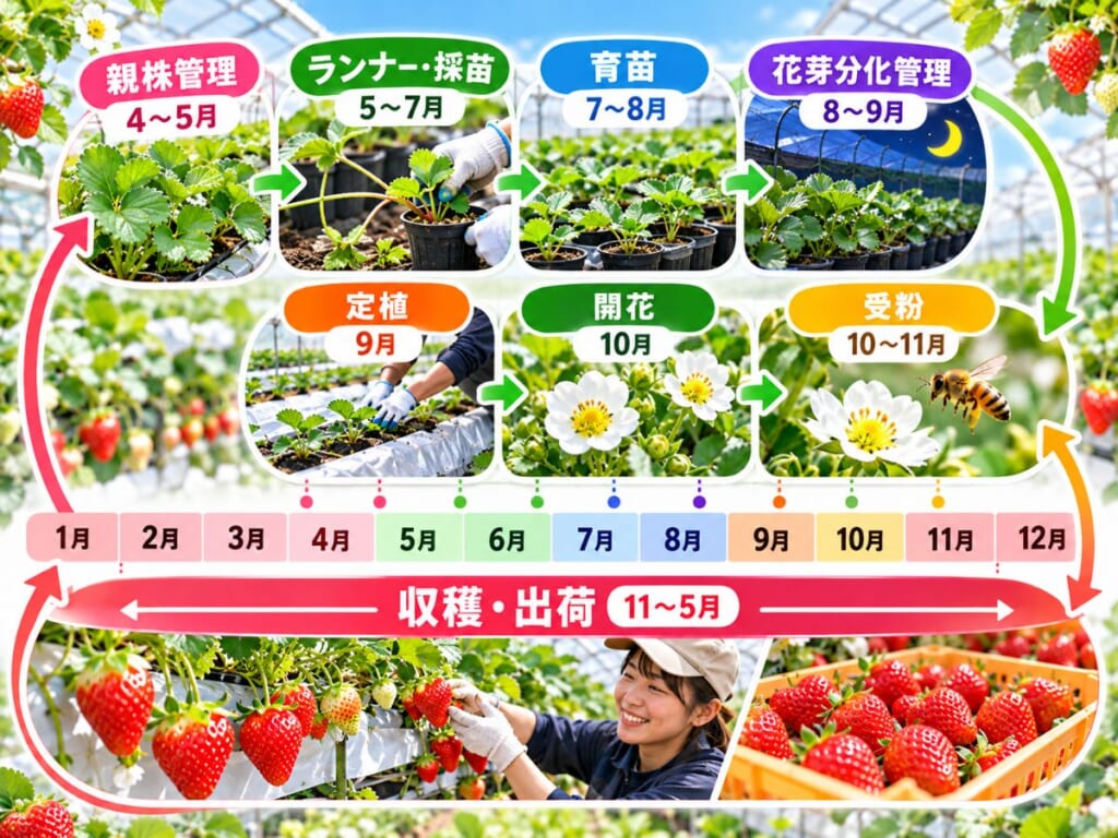 いちご農家の親株管理・ランナー採苗・育苗・花芽分化・定植・受粉・収穫出荷までの年間作業を月別に示した図