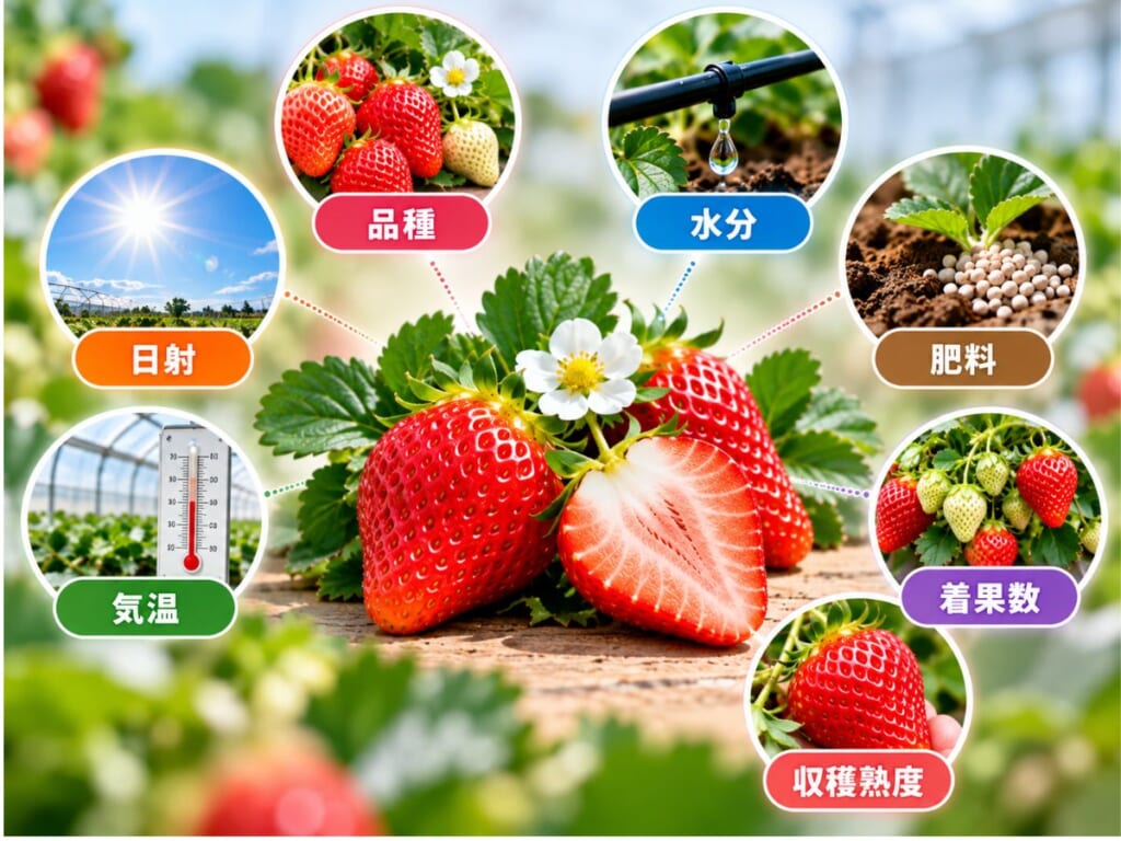 いちごの味を左右する品種・水分・肥料・日射・気温・着果数・収穫熟度を示した図