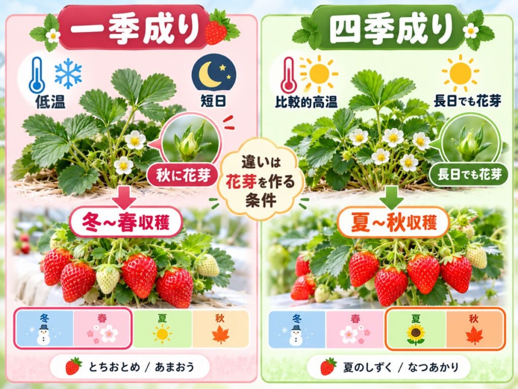 一季成りいちごと四季成りいちごで花芽を作りやすい気温や日の長さが異なることを比較した図