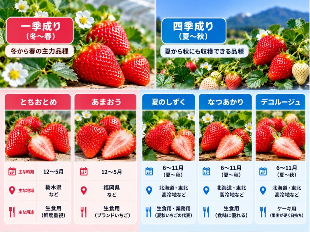 とちおとめ・あまおう・夏のしずく・なつあかり・デコルージュの収穫時期や主な地域、用途を比較した図