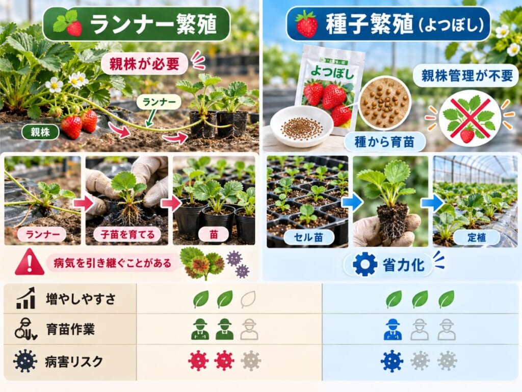 いちごのランナー繁殖と種子繁殖の違い、親株管理や育苗作業の差を比較した図