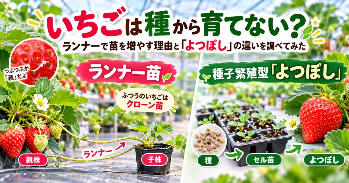 いちごをランナーで増やす理由と種子繁殖型よつぼしの違いを比較するアイキャッチ画像