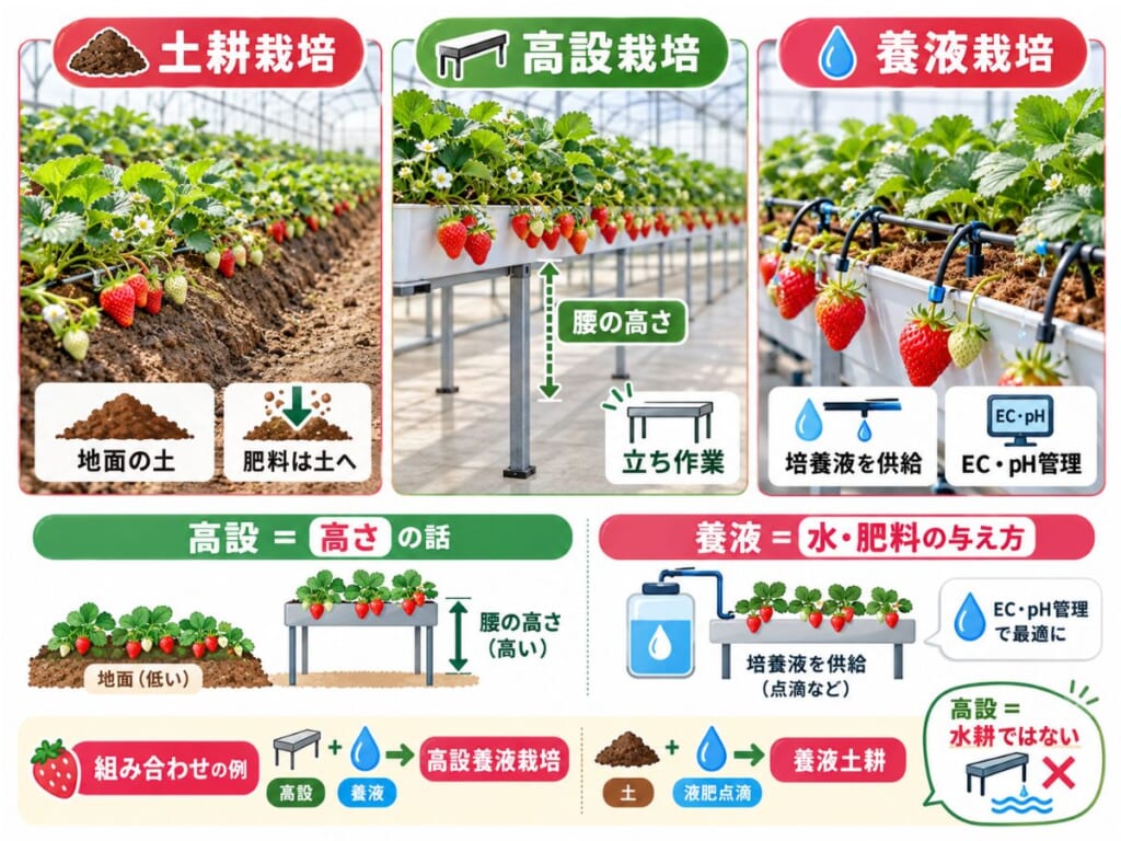 いちごの土耕栽培・高設栽培・養液栽培の違いと、高設養液栽培や養液土耕の関係を示した図