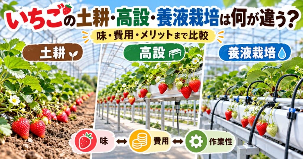 いちごの土耕・高設・養液栽培の違いを味・費用・作業性から比較するアイキャッチ画像