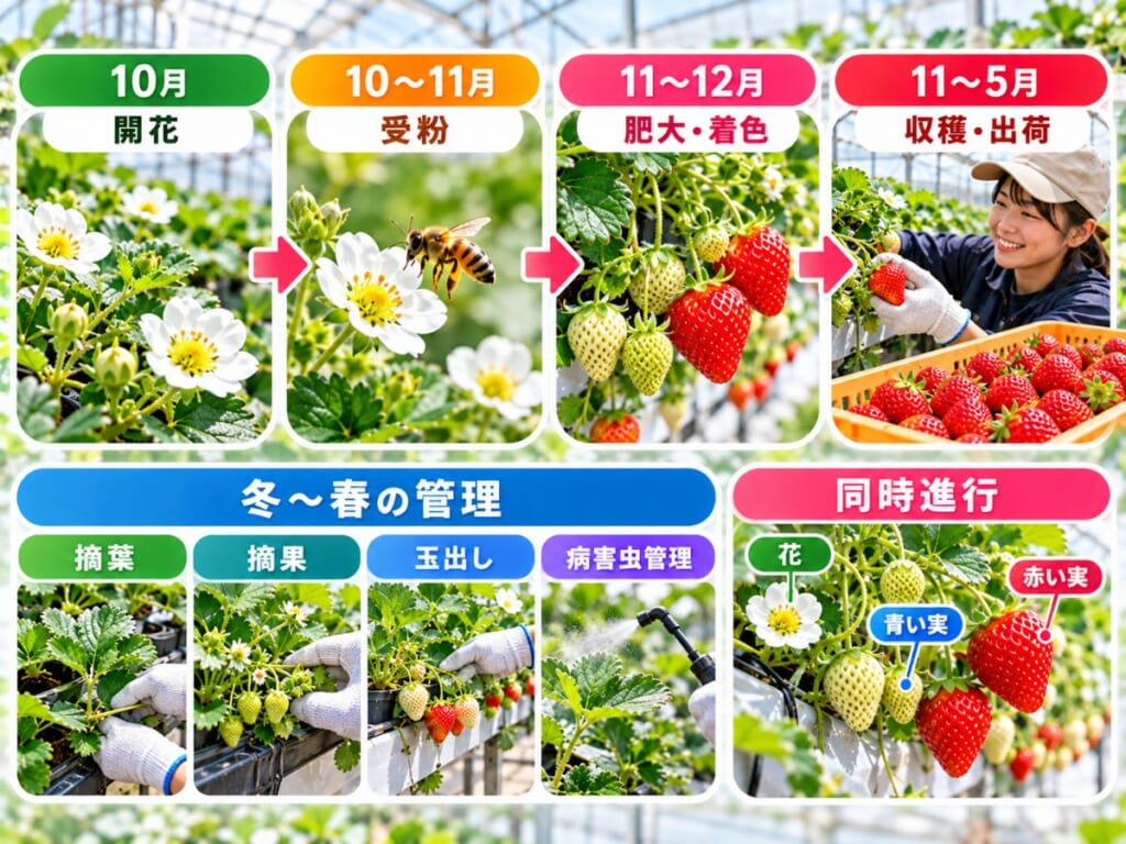 いちごの開花・受粉・肥大・着色・収穫と、摘葉・摘果・玉出し・病害虫管理が冬から春に同時進行する様子を示した図