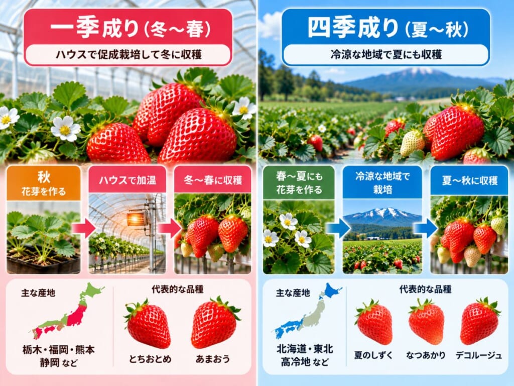 一季成りの促成栽培と四季成りの夏秋栽培の流れや主産地を比較した図