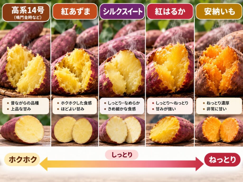 高系14号・紅あずま・シルクスイート・紅はるか・安納いもの焼き芋の断面を並べ、ホクホク・しっとり・ねっとりの食感の違いを比較した画像