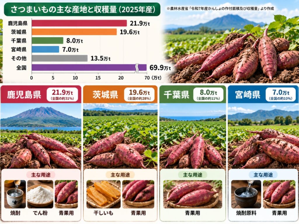 2025年産さつまいもの全国収穫量と鹿児島県・茨城県・千葉県・宮崎県の生産量を比較し、焼酎・でん粉・干しいも・青果用などの主な用途を示した図