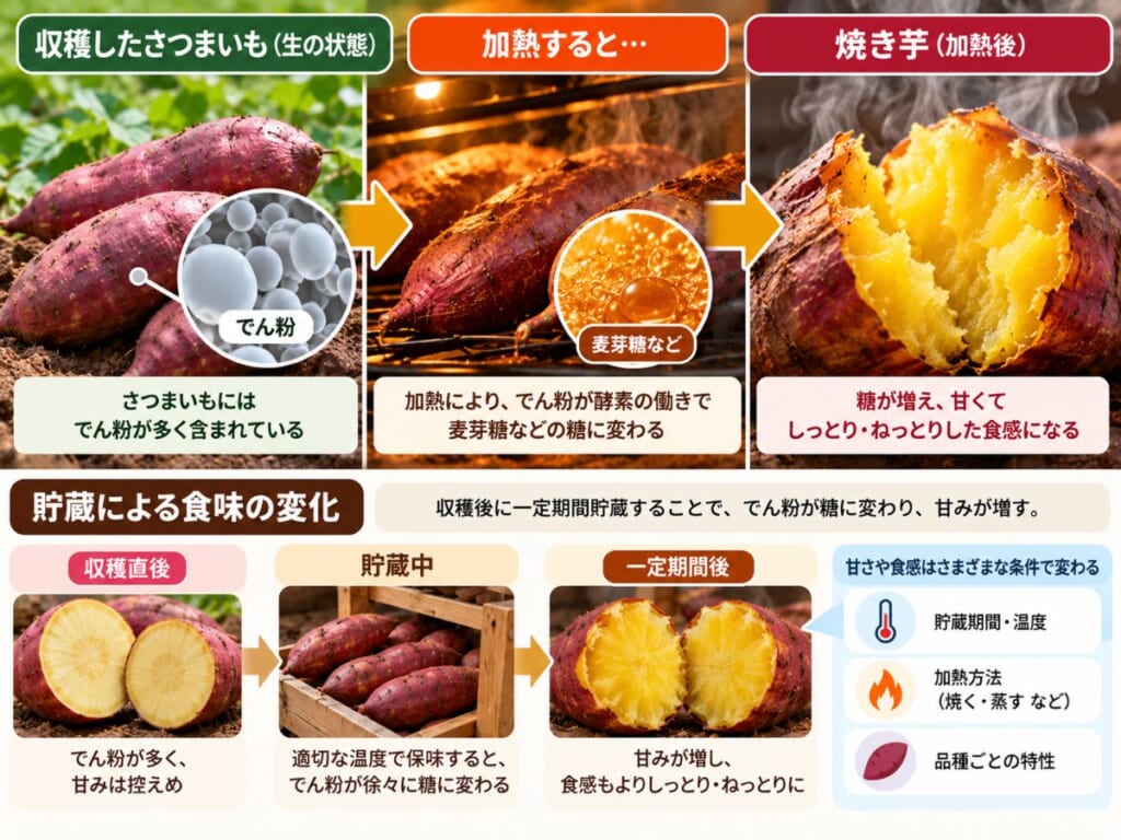 さつまいもを加熱するとでん粉が麦芽糖などに変わって甘みが増す仕組みと、収穫後の貯蔵による食味の変化を説明した図